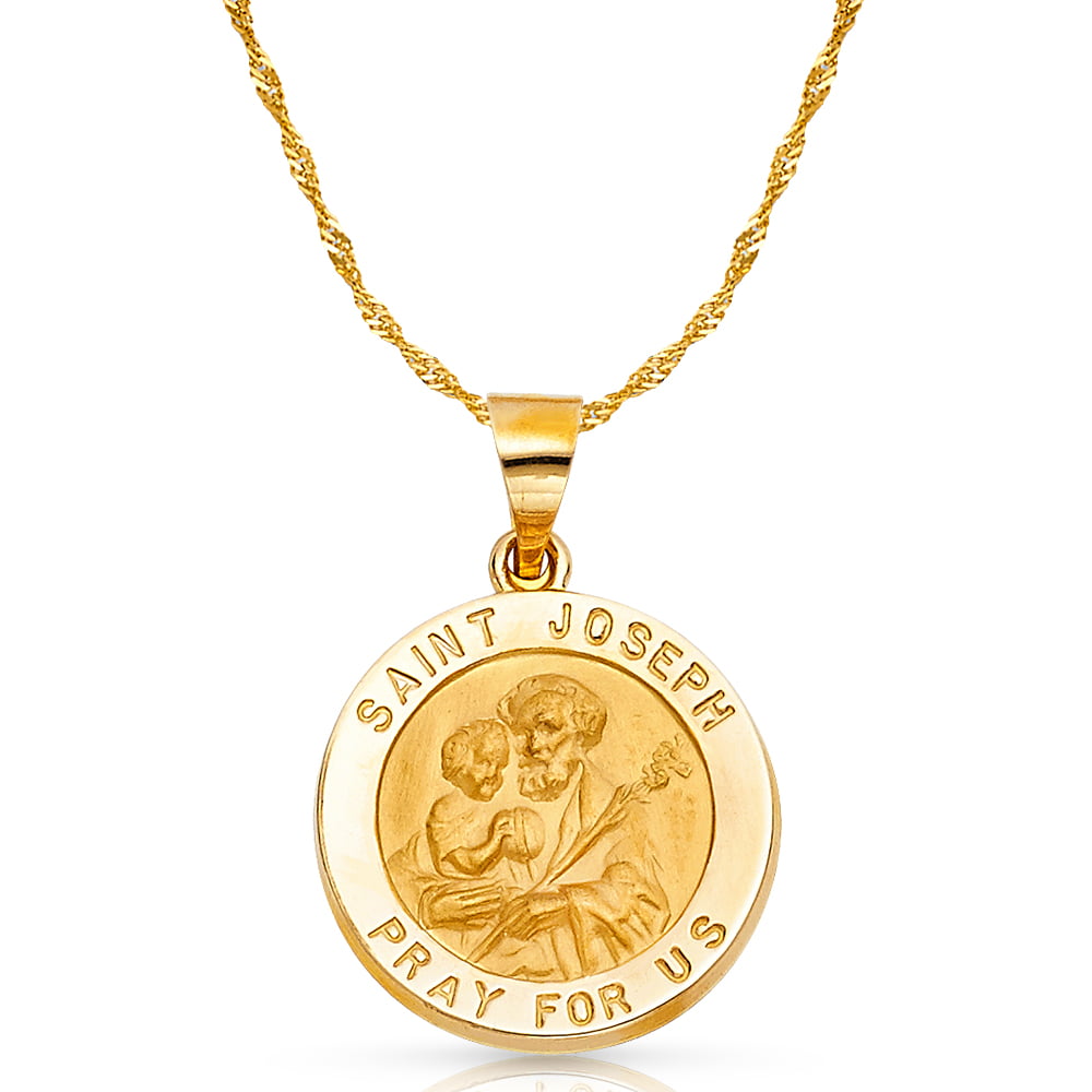 14K Yellow Gold St Joseph Pray For Us Charm Pendant with 1.2mm Singapore Chain Necklace 