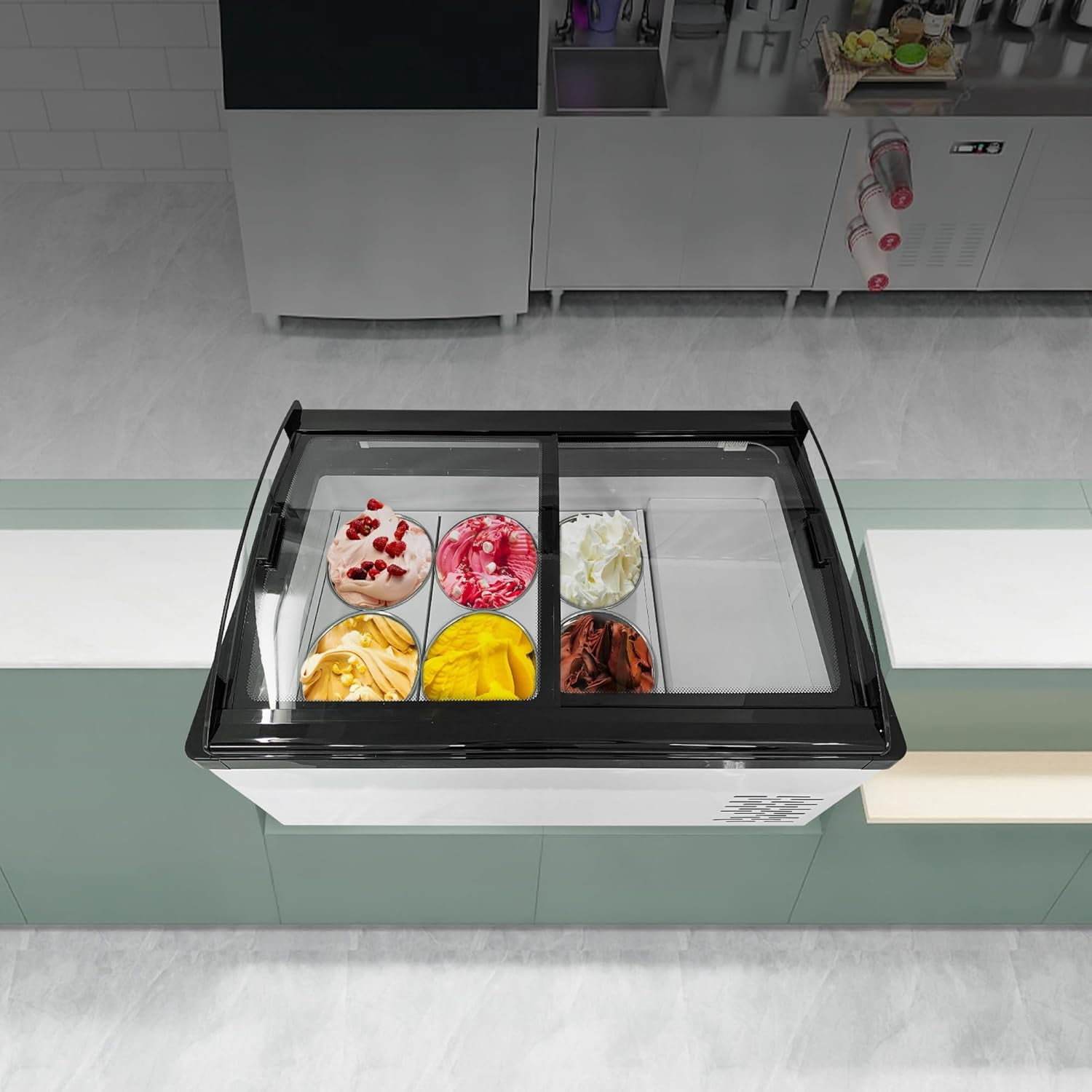 Mvckyi Commercial Ice Cream Freezer Display Case, 6 Tubs Gelato Dipping Cabinet, Countertop Ice Cream Display Freezer, 2 Sliding Glass Doors, 6.4 Cu.ft, with LED Warm Light, for Supermarket