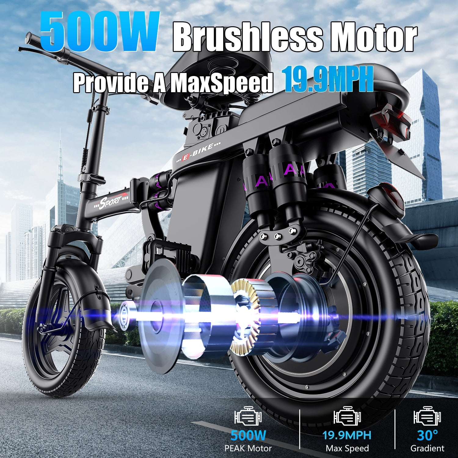 GWEIT Electric Bike for Adults and Teens, Folding E-Bike with 1000W Peak Motor, 25MPH, 45 miles Range, 14-inch Electric Mini Bike with Dual Suspension and Dual Brakes, Compact and Portable E-Bike