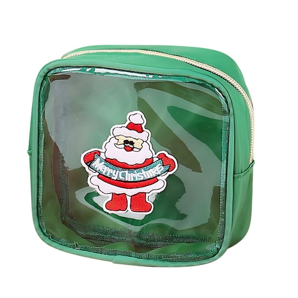 Pisexur Belleza Maquillaje Neceser de maquillaje transparente navideño - Organizador de artículos de tocador de viaje con bordado de Papá Noel y árbol festivopara mujeres y hombres