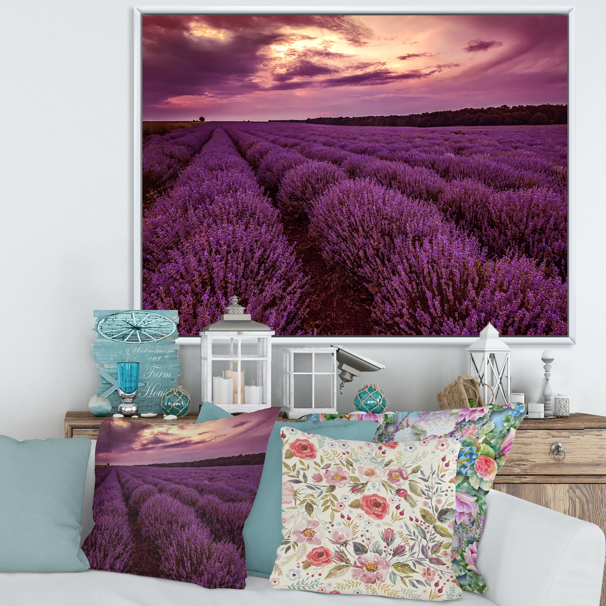 Designart 'Dramatic Clouds and Sunrise Over Lavender Field III' Farmhouse Framed Canvas Wall Art Print