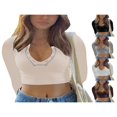 thumbnail image 4 of Women Short Top Shirt Long Sleeve Patchwork Ribbed Front Button V-Neck Cropped Tops Ladies Spring/Summer Slim Navel Shirt, 4 of 4