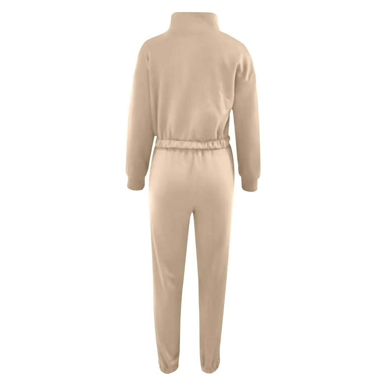 YYDGH Women's 2023 Fall 2 Piece Outfit Long Sleeve Half Zip Cropped  Pullover Sweatshirt Jogger Pants Sweatpants Tracksuit Sweatsuits Jogger Set  Beige M 