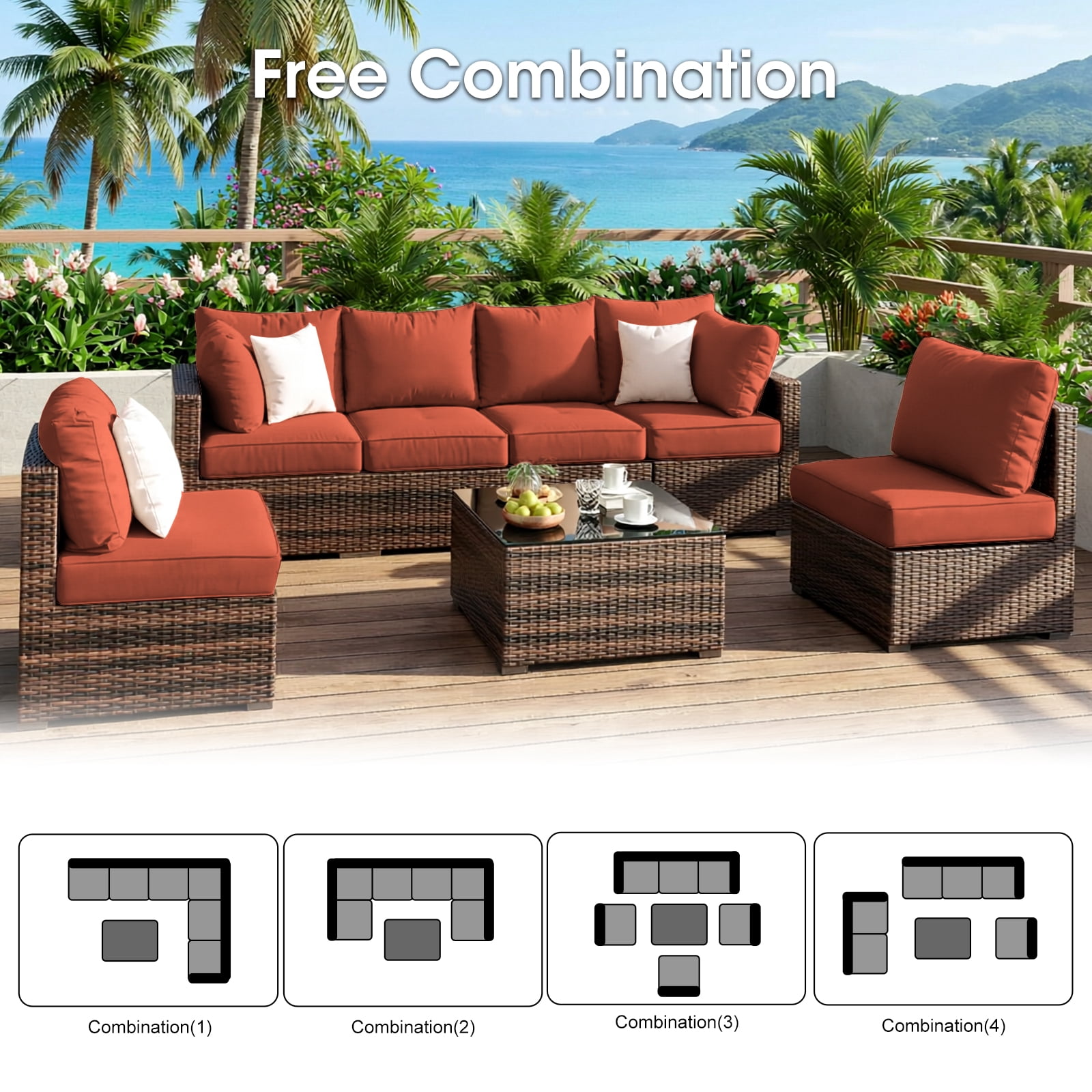 Gaildon 7 Patio Outdoor Furniture Wicker Sectional Sofa Couch Lawn Sectional Black Glass Table, Red