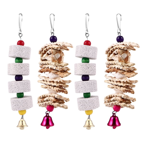 EeaseMX 4 piezas de juguetes para loros, pájaros y mascotas, resistentes a las mordeduras, juguetes para rechinar los dientes, juguetes colgantes en jaula.