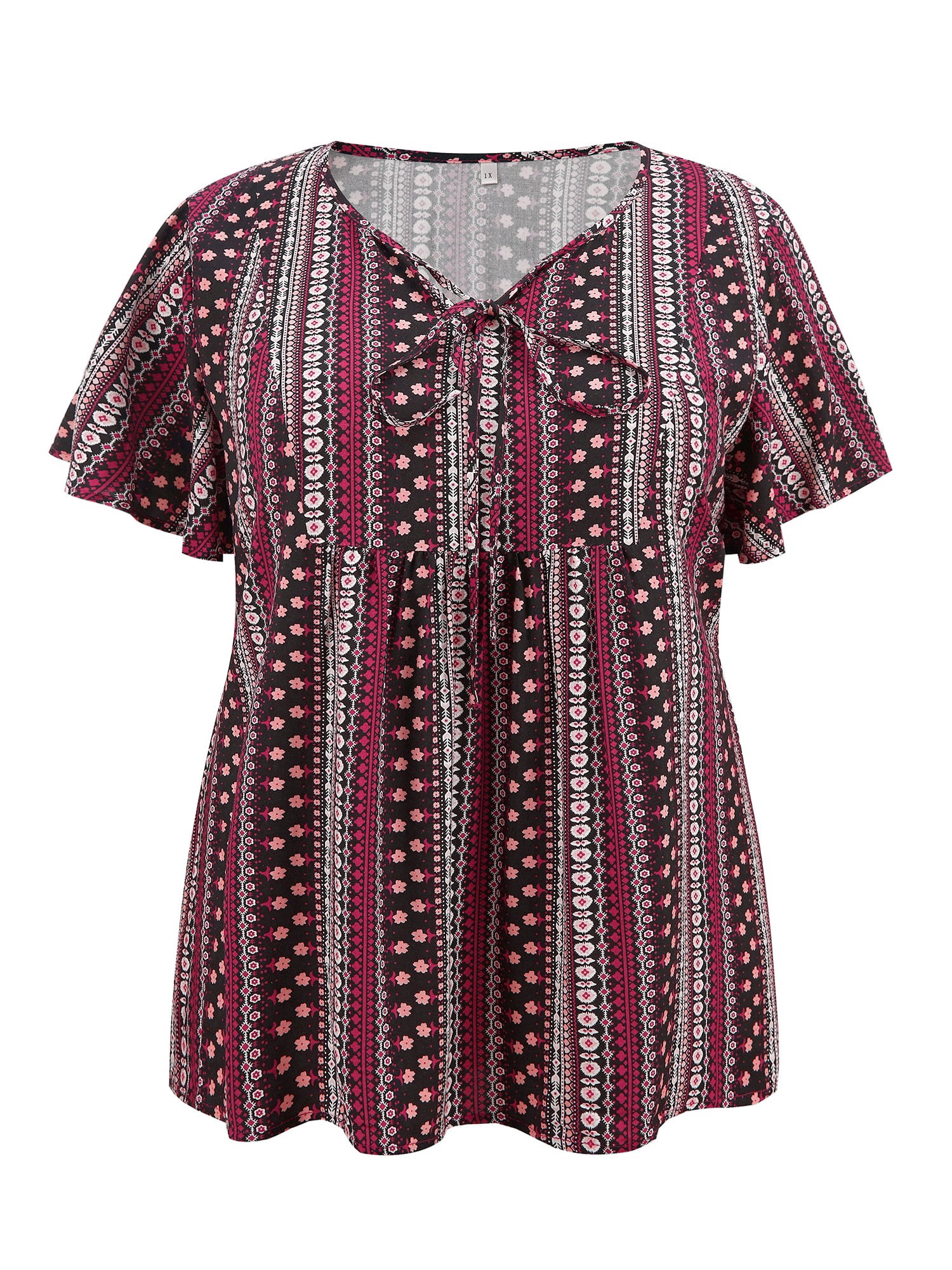 DARING DIVA Women's Plus Boho Print Tie Ruffle Short Sleeve Babydoll Top 4X Plum Purple