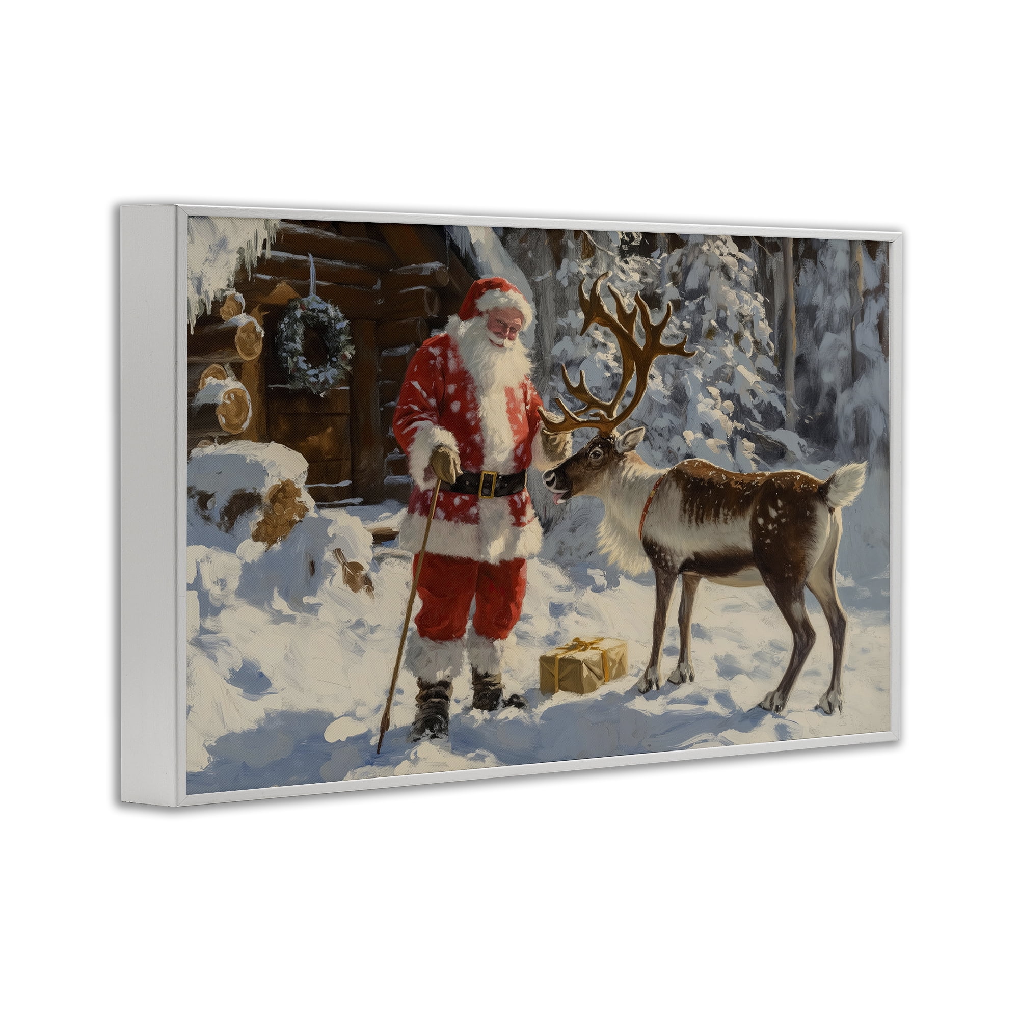 Stupell Industries Santa with Reindeer Scene Holiday Painting White Framed Art Prints Wall Art, 18 x 12