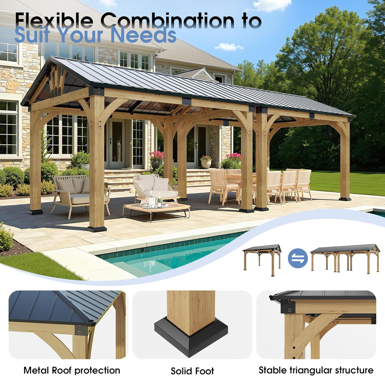 10x24x9 FT Cedar Wood Carport with Steel Roof, Carport Canopy Heavy-Duty, Portable Garage with Snow & Wind Resistant for Patio, Driveway, Garden