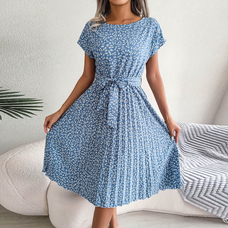 JAKANYQ Womens Dress Summer Midi Dress Small Petite Floral Print Short Sleeve Temperament High Waist Pleated Swing Dresses With Belt Ladies Stylish Vacation Swing Flowy Bohemian Chic Dailywear - Walmart.com JAKANYQ Womens Dress Summer Midi Dress Small Petite Floral Print Short Sleeve Temperament High Waist Pleated Swing Dresses With Belt Ladies Stylish Vacation Swing Flowy Bohemian Chic Dailywear - Walmart.com