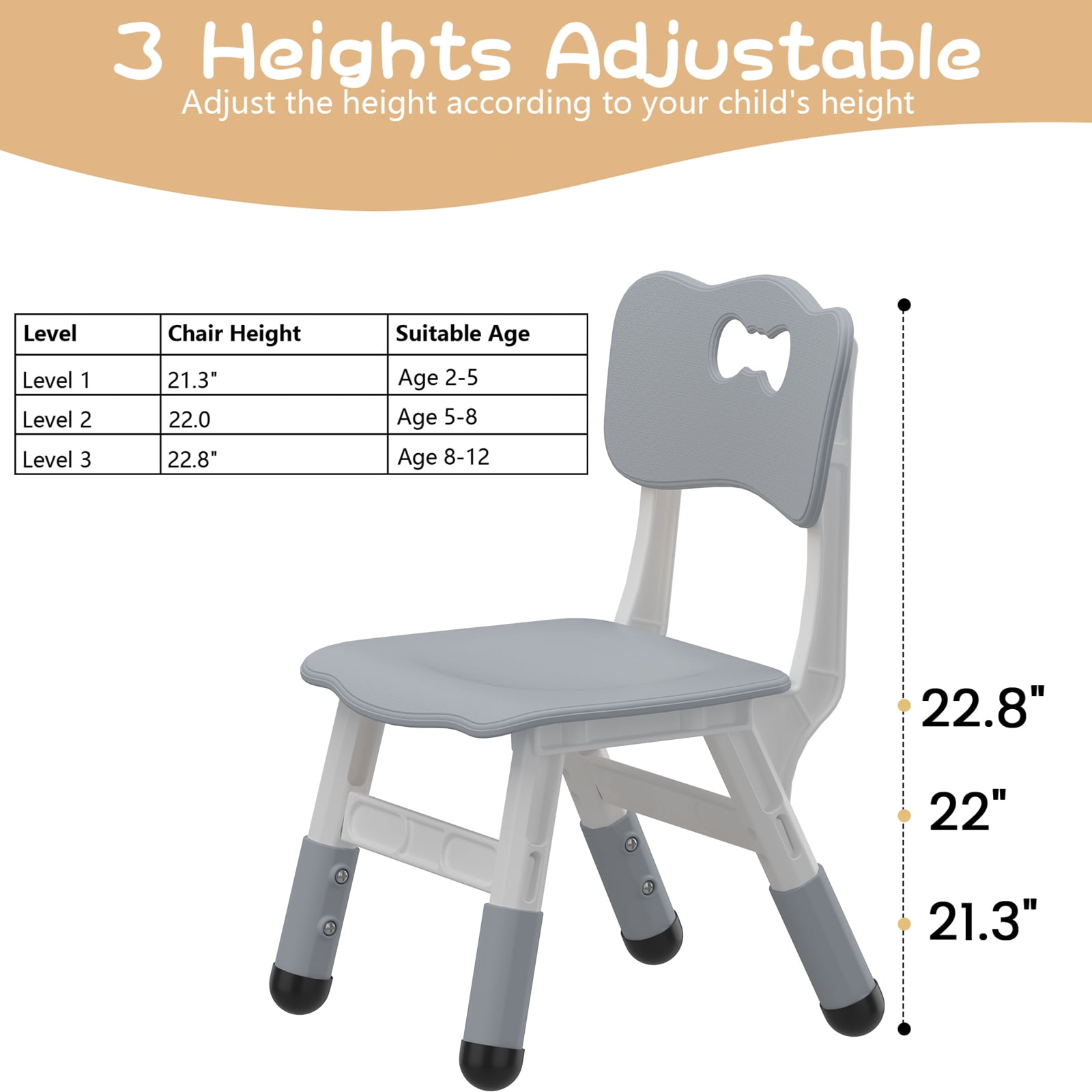 2 Pack Adjustable Kid Kitchen Chairs Indoor 3 Level Adjustable Suitable for Children Age 2-10. Maximum Load-Bearing 220LBS Suitable for Family Classroom and Nursery Child Seat Set