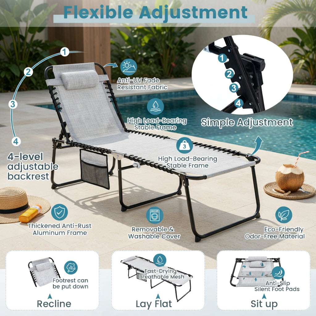 Hommoo Premium Foldable Reclining Lounge Chair, Adjustable Backrest & Footrest, Portable Outdoor Beach & Camping Chair, Gray