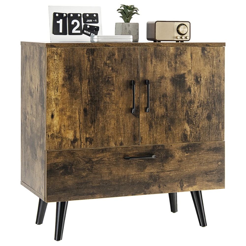 Finihen Storage Cabinet, Mid Century Storage Cabinet with 2 Doors and 1 Pull-out Drawer, Cabinet for Living Room, Entryway, Rustic Brown