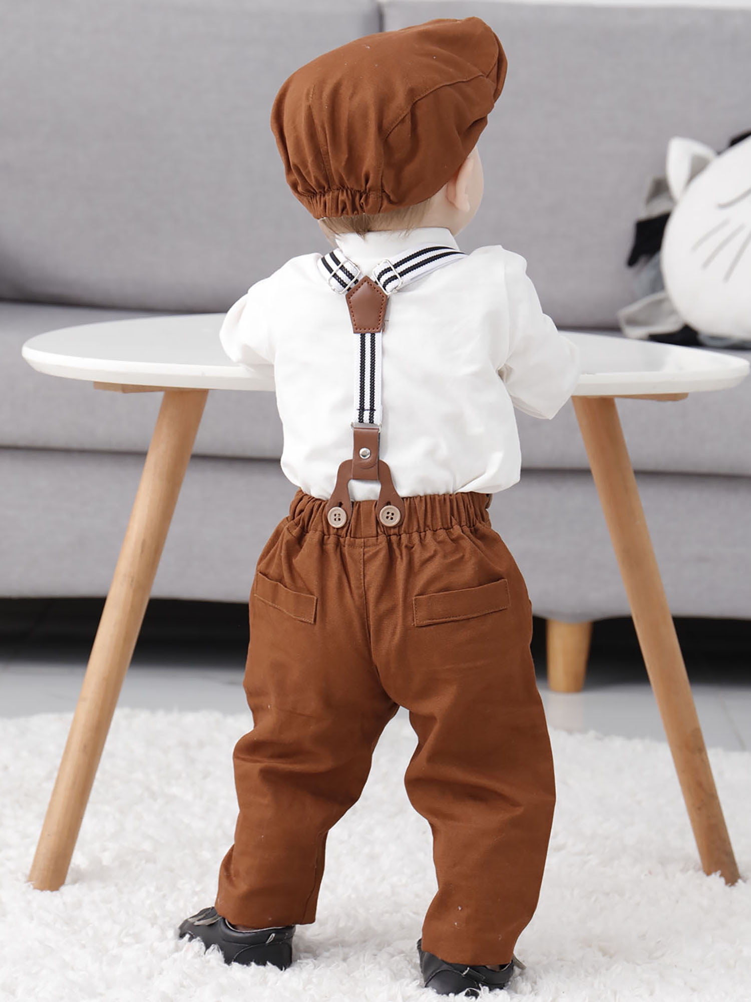 CARETOO Baby Boy Clothes Infant Formal Outfit Suit Shirt Hat Suspender Pants Bowtie 0-18M Cotton Fabric 4pcs Church Wedding Baptism Suit