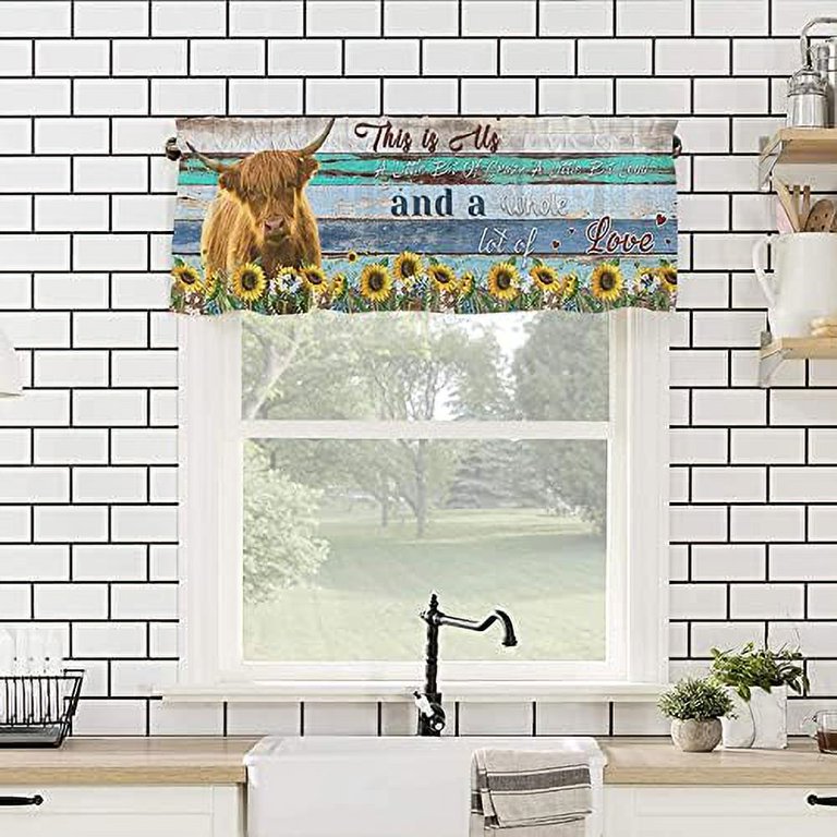 Valance Rod Pocket Short Curtain Panels Farm Animals Highland Cow