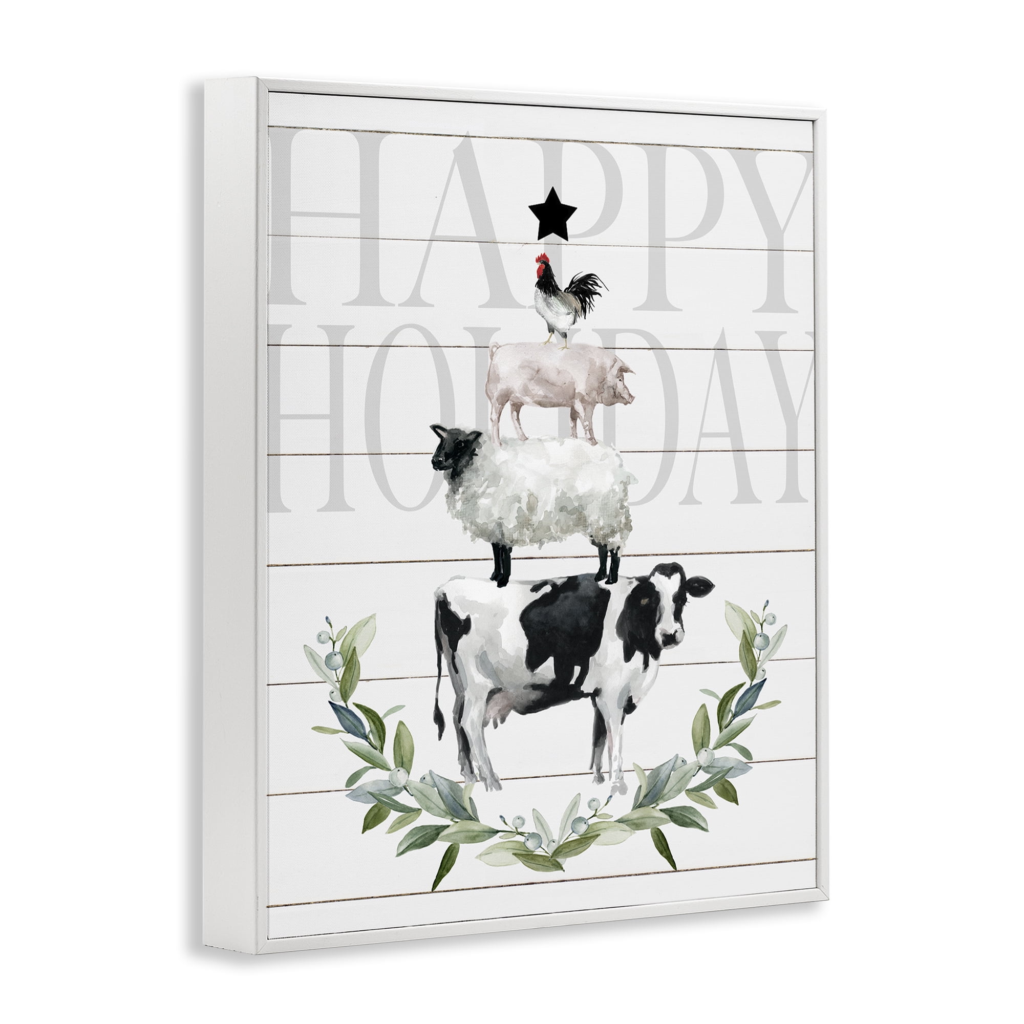 Stupell Industries Happy Holiday Farm Animals Holiday Painting White Framed Art Prints Wall Art, 16 x 20