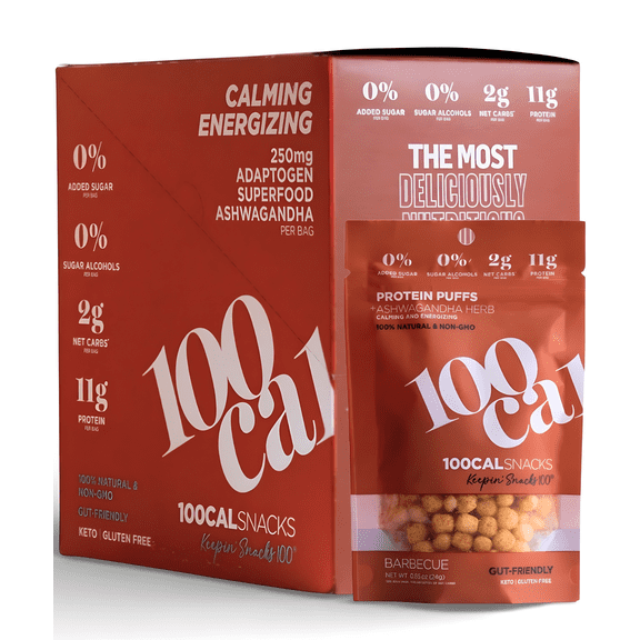 100 Cal Snacks Protein Puffs BBQ, High Protein Low Carb Snack, Gut Healthy, Gluten Free, 0.84 oz bag, 5 bags