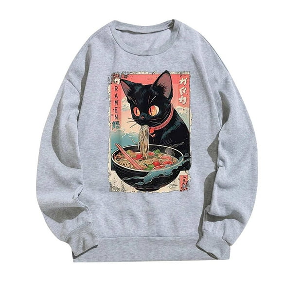 Cat Ramen Japanese Funny Graphic Tees Cute Cat Anime Hoodies Sweater Solid Zipper Hooded Warm Coat Fall Long Sleeve Hooded Sweat Jacket Hoodie Dresses Teen Girls Body Suits Women Sweater Color