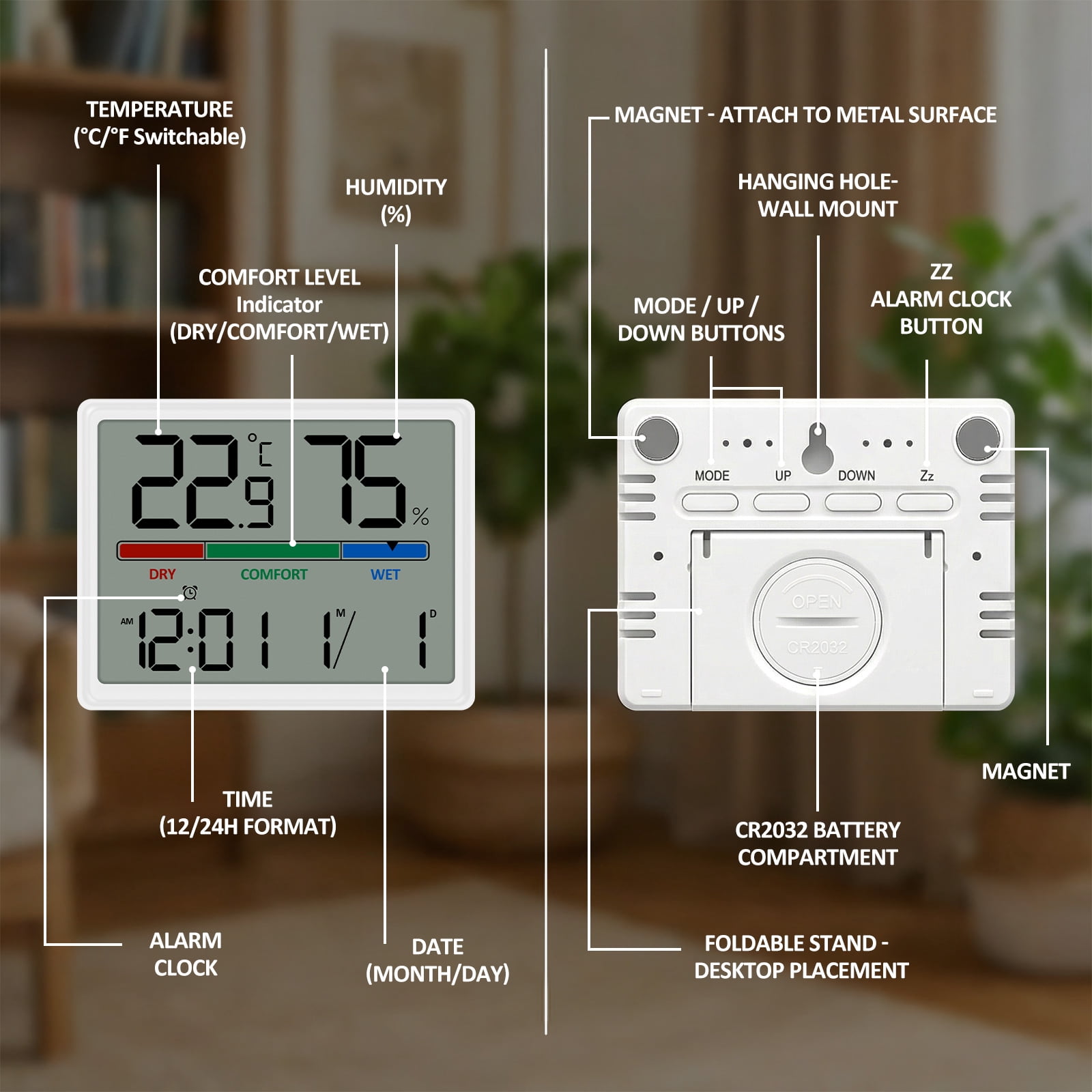 3Pcs Digital Hygrometer Indoor Thermometer Clock with Temp and Humidity Accurate Room Temp Gauge with Comfort Indicator for Bedroom Baby Room Office