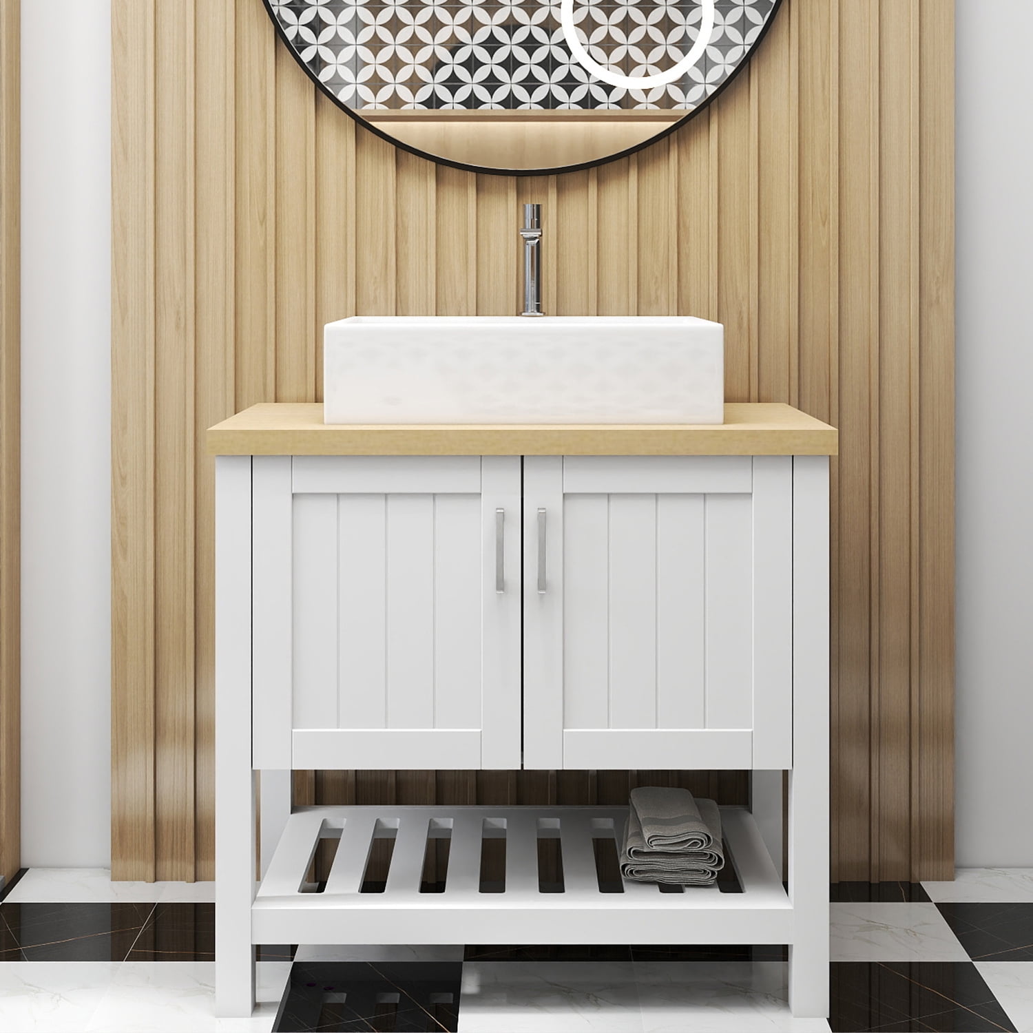 Demi Bonn 32" Bathroom Vanities Cabinet with Sink, Doors and Open Shelf, Single Bathroom Vanity Cabinet, Faucets and Drains Not Included, White