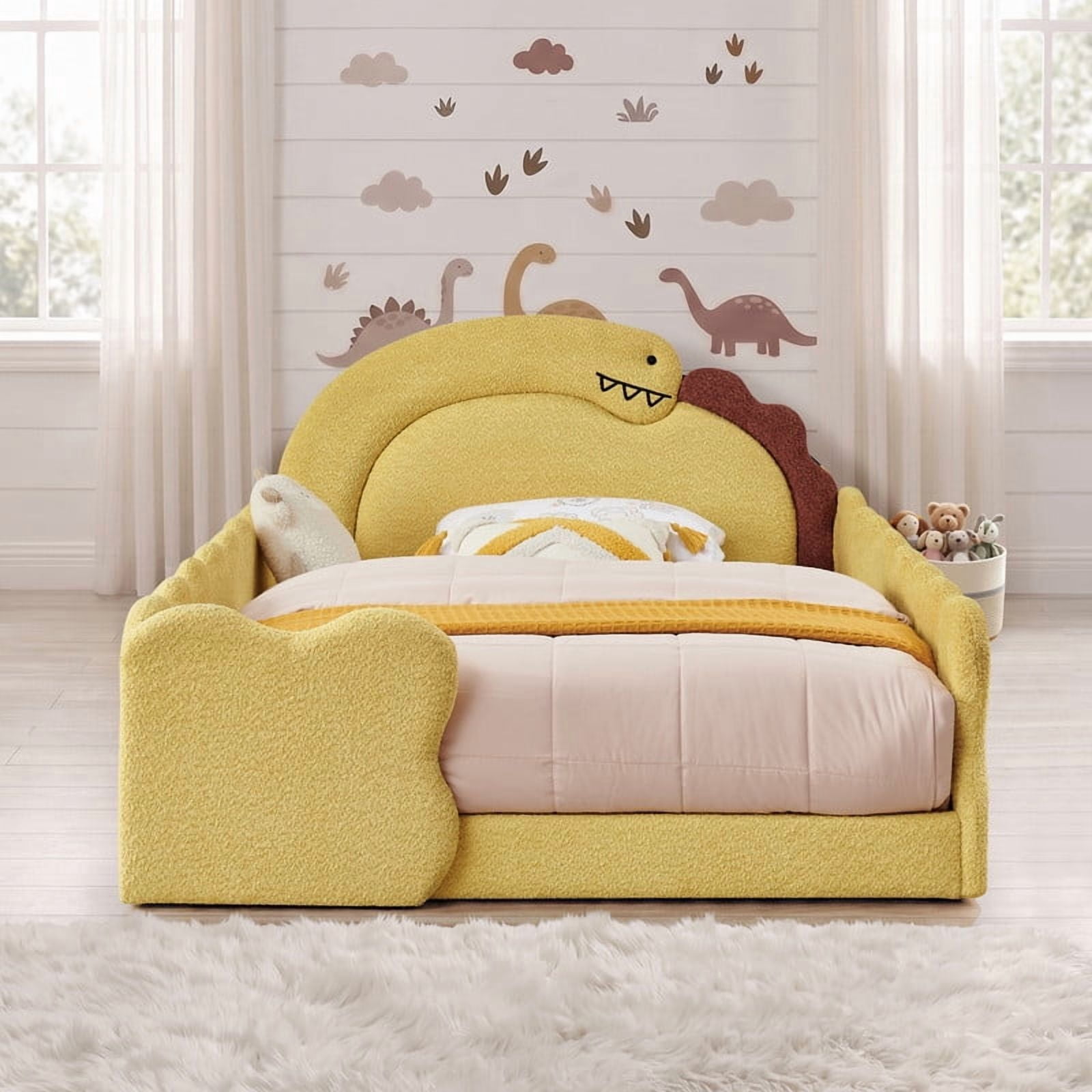 Full Size Kids Dinosaur-Shaped Platform Bed with Guardrails, Low-Profile Upholstered Boucle Fabric Playful Child Daybed Frame