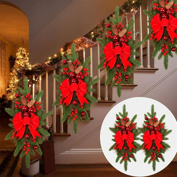 Corona navideña invertida para colgar en la puerta de la escalera | Adorno de lazo de nieve flocado | Decoración navideña de plástico multicolor de 60 x 30 cm