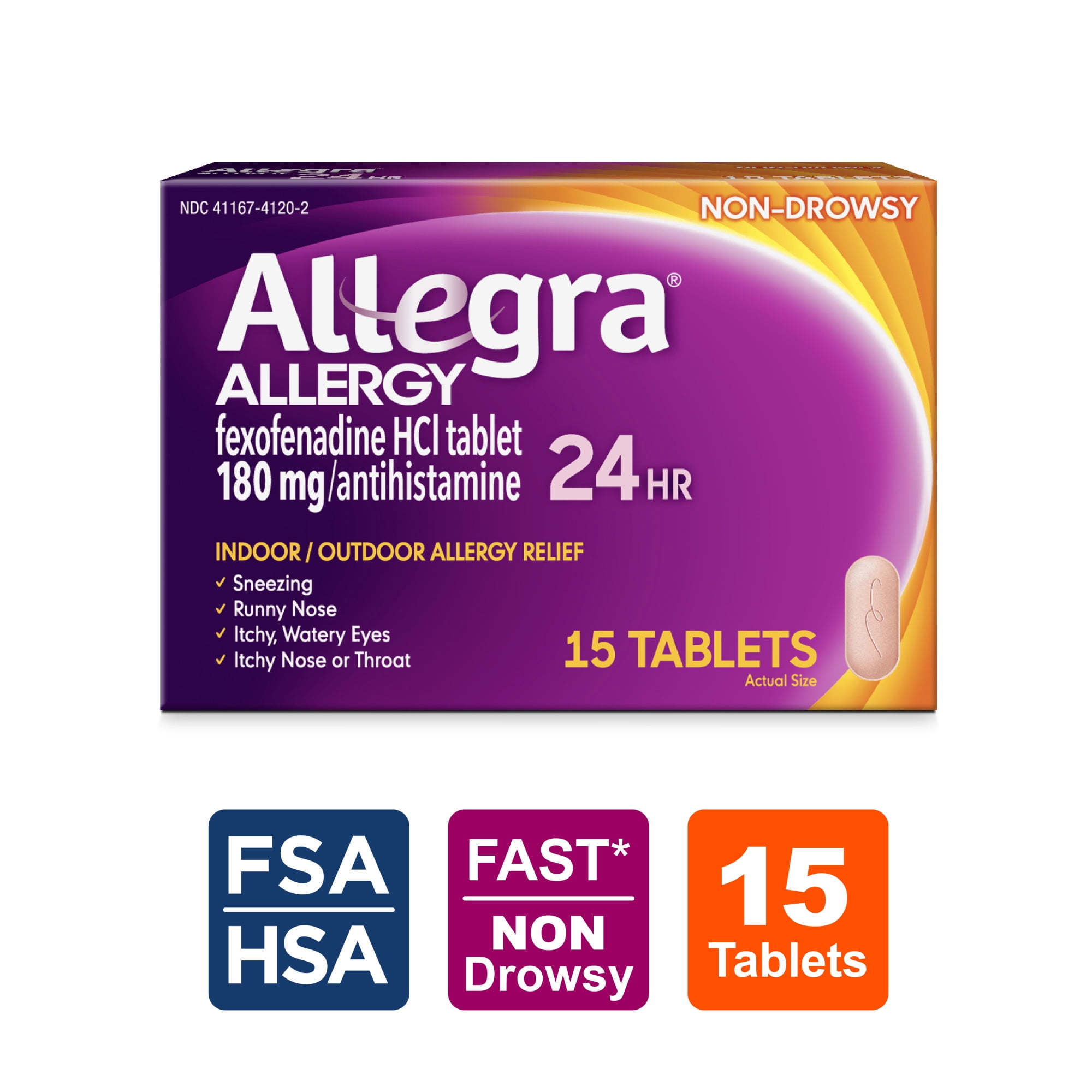 Allegra Adult 24-Hour Allergy Relief Tablets, Non-Drowsy Indoor and Outdoor Allergy Medicine, 180 mg Fexofenadine HCI Antihistamine Pill, 15-Count
