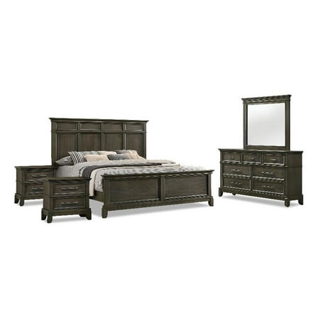 FOA Parro 5pc Gray Wood Bedroom Set - Queen   2 Nightstands   Dresser   Mirror