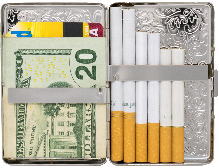 Set of 2 Metal-Plated 100s Compact Cigarette Case & Stash Box (Silver Victorian Print)