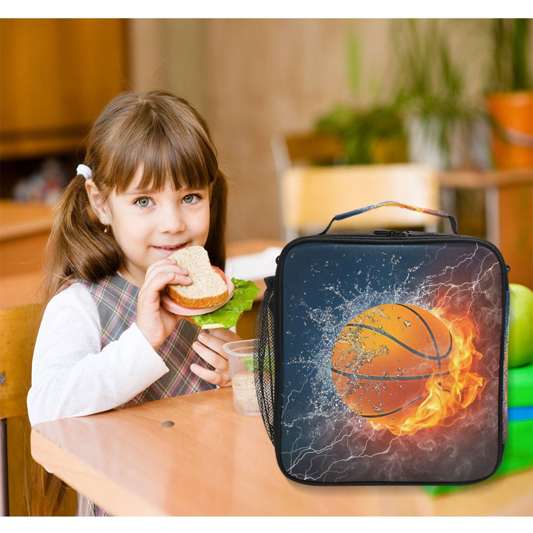ALAZA Burning Basketball Kids Lunch Box Insulated Lunch Bag Thermal Cooler Tote