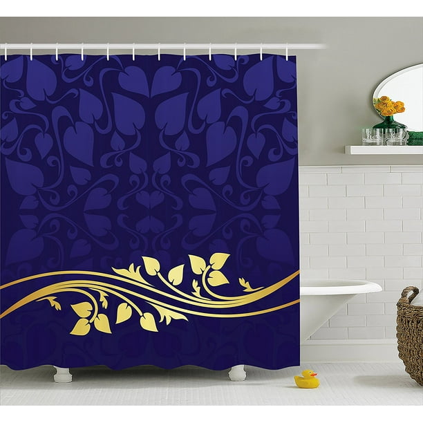 Navy Blue Decor Shower Curtain by , Romantic Royal Leaf Pattern with