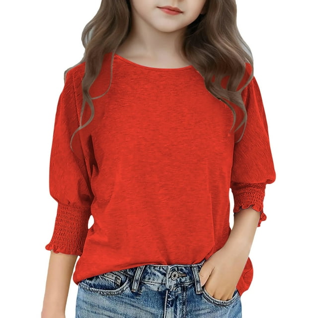 Mgmyaa Girls Pleated Long Sleeve Shirts Fashion Ruffle Loose Tops Blouses 3-14 Years