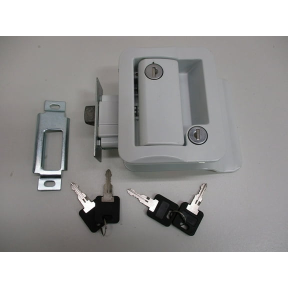 RV Camper Trailer White Entry Door Handle Latch Keyed Lock w/ Deadbolt / 4 Keys