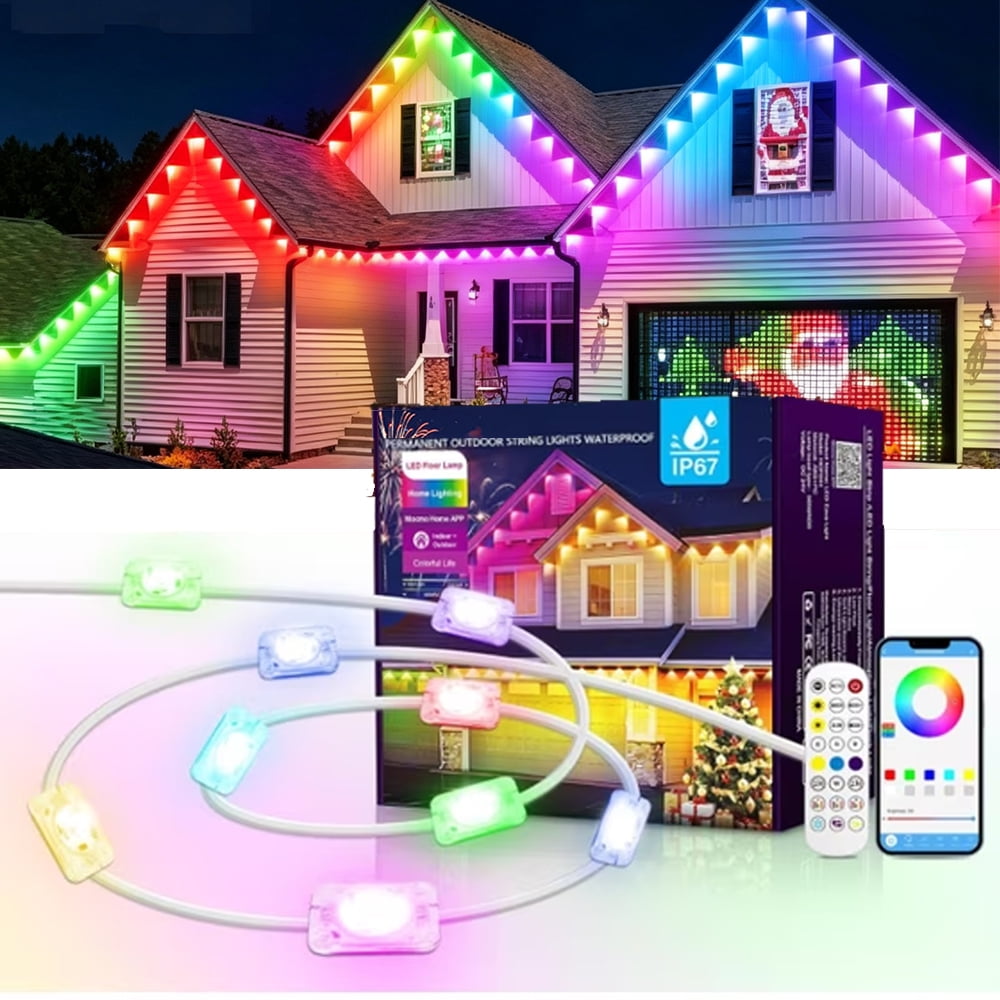 200ft Permanent Outdoor Lights RGBIC Smart Eave Lights, IP67 Waterproof App/Remote Control LED String for Patio Holiday Party, IC Control and Scene Modes for Halloween Christmas Decor