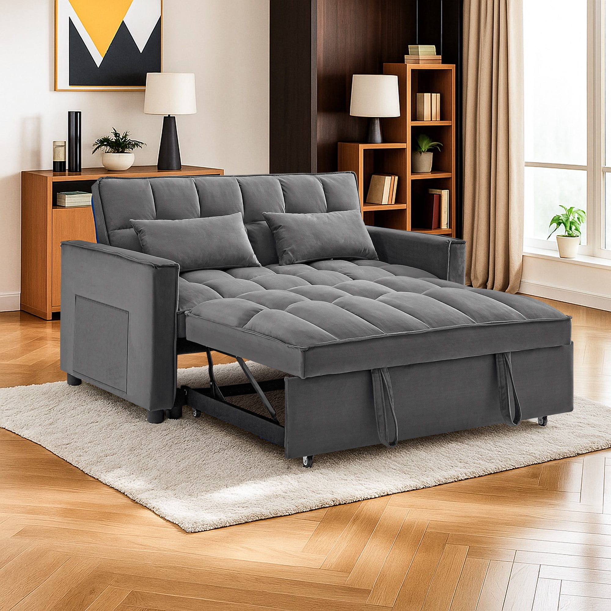 Demi Bonn 3 in 1 Convertible Sleeper Sofa Bed with Side Pocket, Adjustable Backrest Velvet Futon Couches for Living Room, Pull Out Couch, Loveseat, Dark Gray