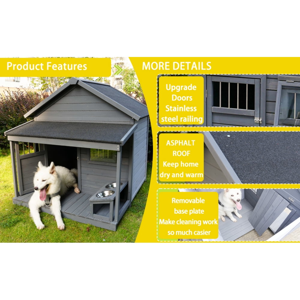 44.2" Weatherproof Solid Wood Dog House with Terrace & Lockable Door