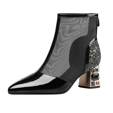 

Women s Fashion British Feng Shui Diamond Mesh Back Zipper Pointed Thick Heel Boots