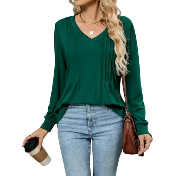 Women'S Puff Long Sleeve Shirts Pleated V Neck Fall Tunic Tops Blouse Dressy Casual Loose Summer T-Shirts Dark Green XXL