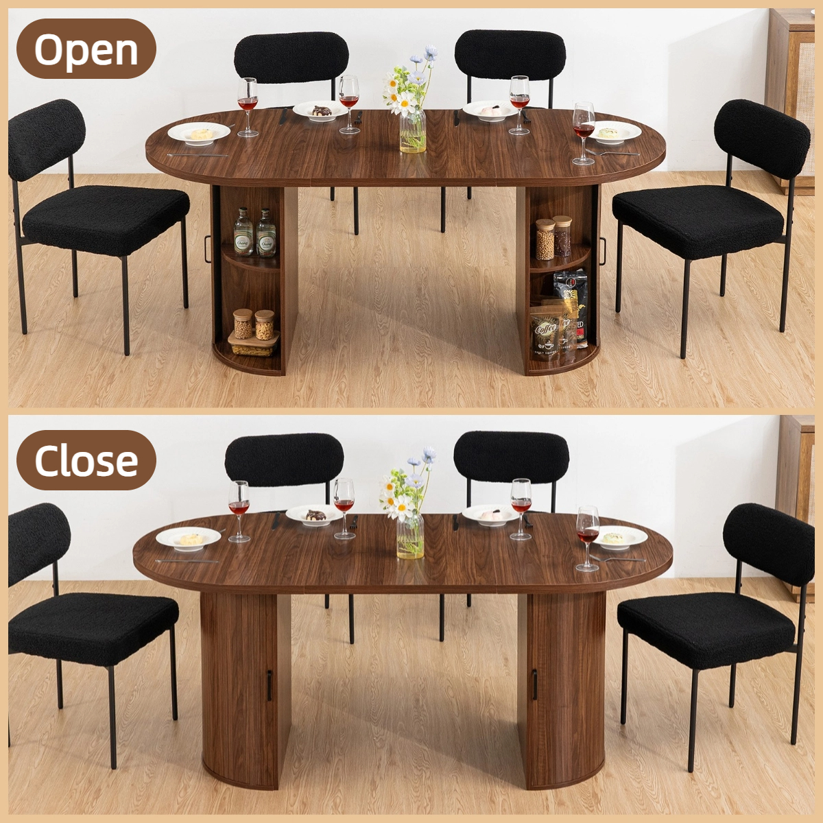 Hommpa 71" Dining Table for 6,Modern Oval Kitchen Table With Storage Cabinet,Long Dining Room Tables With Wood Strip Base for Kitchen Dining Room Living Room,Walnut