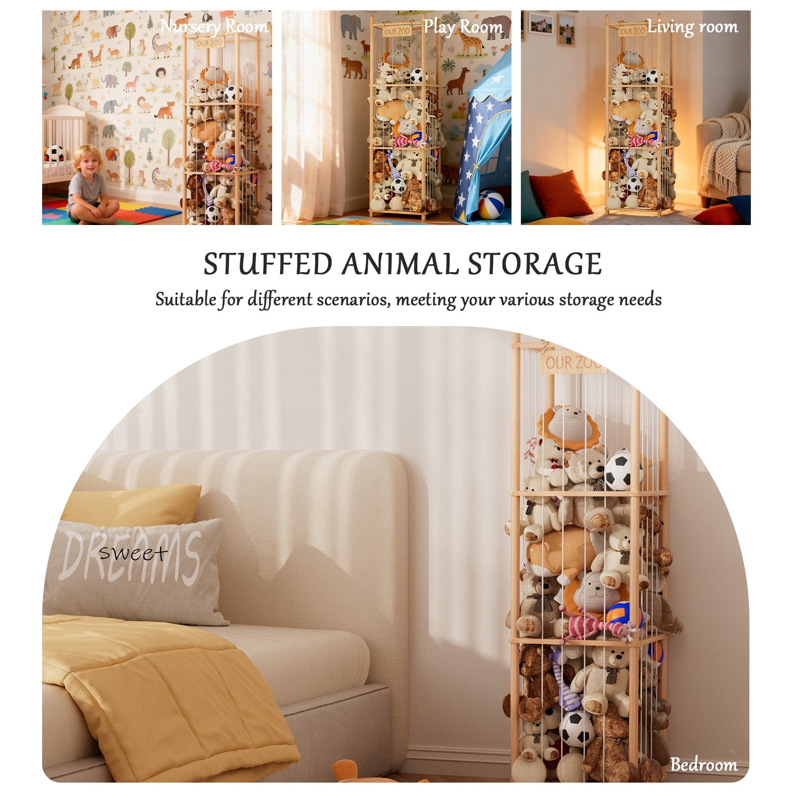 Stuffed Animal Storage Organizer, Wood Animals Zoo Toy Plushies Storage Holder, Large Capacity Plush Toy Cage for Playroom Organization, 15.7" Wide, Natural