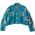 thumbnail image 1 of Women's Flower Long Sleeve Short Cardigan Casual Loose V Neck Button Knit Sweaters, 1 of 7