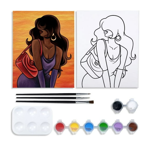 VOCHIC Canvas Painting Kit Pre Drawn Canvas for Painting for Adults Party Party Kits Paint and Sip Party Supplies 8x10 Canvas to Paint Chic Girl 8 Acrylic Colors,3 Brush,1 Pallet Paint Art Set
