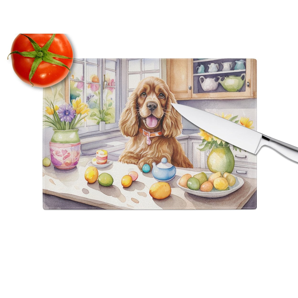 Decorating Easter Cocker Spaniel Glass Cutting Board 12 in x 15 in