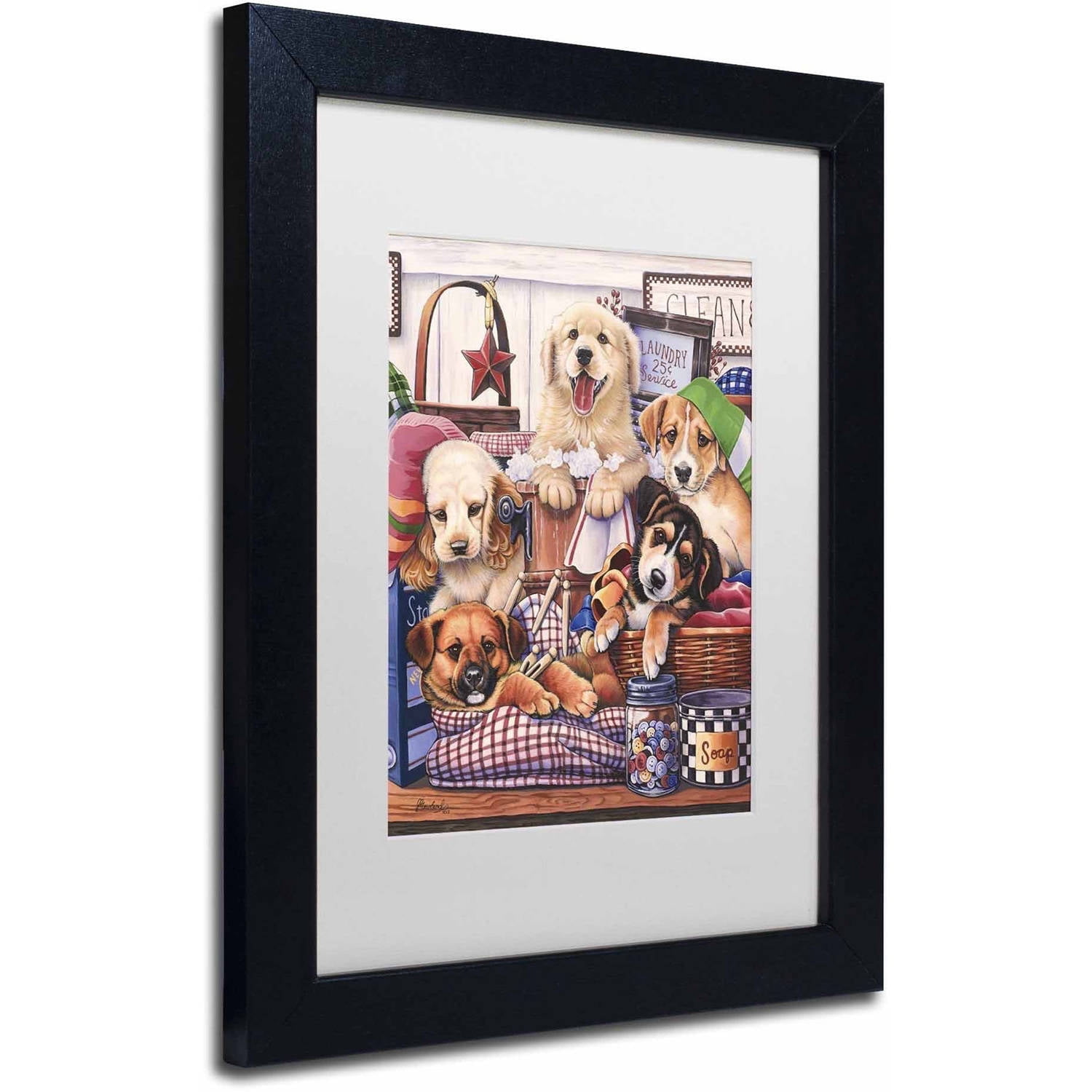 Trademark Fine Art 'Suds and Pups' Canvas Art by Jenny Newland, White Matte, Black Frame