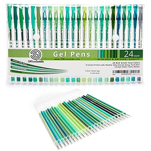 Green Gel Pen Set with Extra Refills 24 Variety Color Pack for Kids