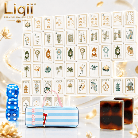 160pcs Amber Turtle Shell Mahjong Set with Tiles American Chinese Game Accessories Portable Travel Case Bag Dice Complete Tabletop Kit for Adults Family Party Night Gift