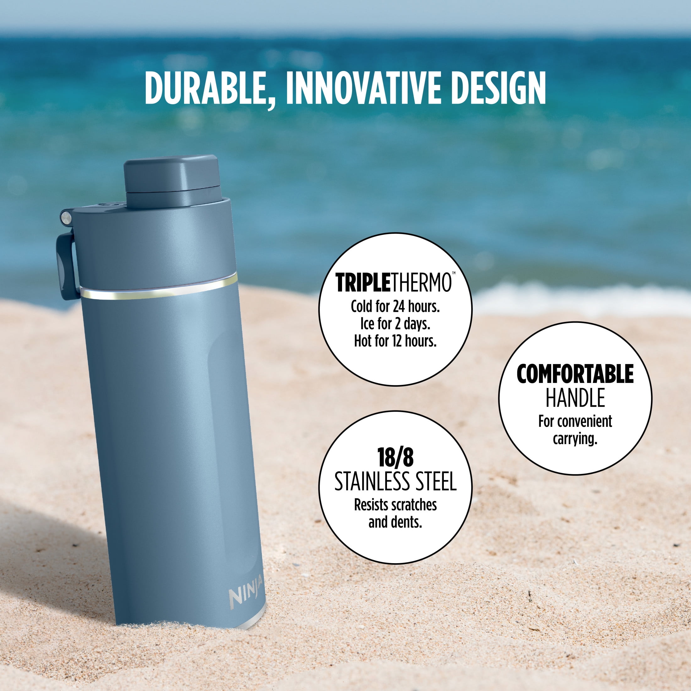 Ninja Thirsti 18oz. Travel Water Bottle, Stainless Steel, Leak Proof, 24 Hours Cold, Blue