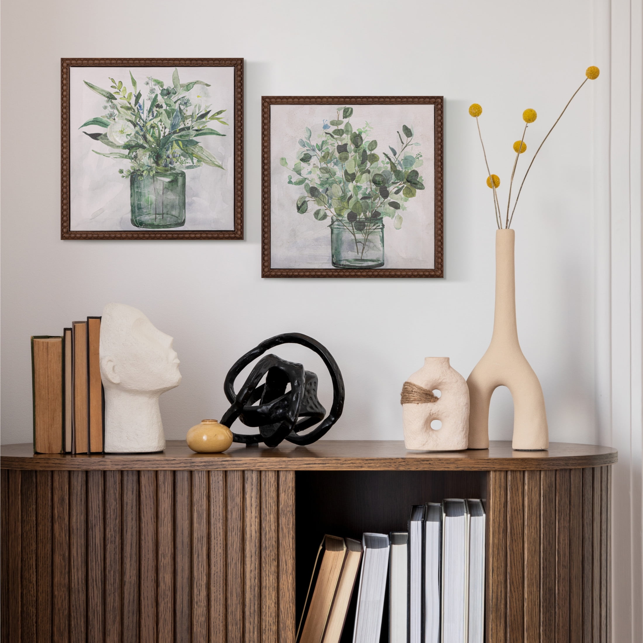 Gallery Solutions Set of 2 Framed Greenery in Vases Canvas Art - 10x10 Floral Farmhouse Prints, Beaded Frame and Hand-Painted Embellishments