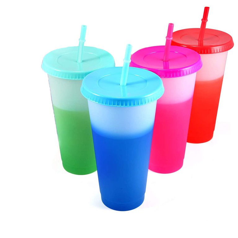 Reusable Plastic Tumblers with Lids & Straws - 4 Pcs 24oz Large Color  Changing Cups for Adults Kids ,Reusable Tumbler with Lids and Straws