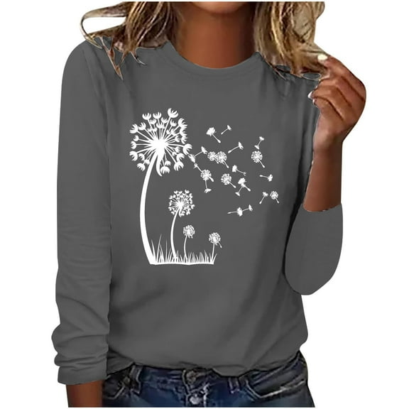 hxobax Women's Dandelion Long Sleeve Tops Casual Crewneck T-Shirts Cute Workout Tunic Pullover Shirt