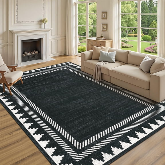 HIWEAVER Black 9' x 12' Washable Area Rugs for Living Room Soft Geometric Bordered Indoor Modern Large Throw Carpet for Dining Room Non Slip Farmhouse Floor Cover for Home Decor